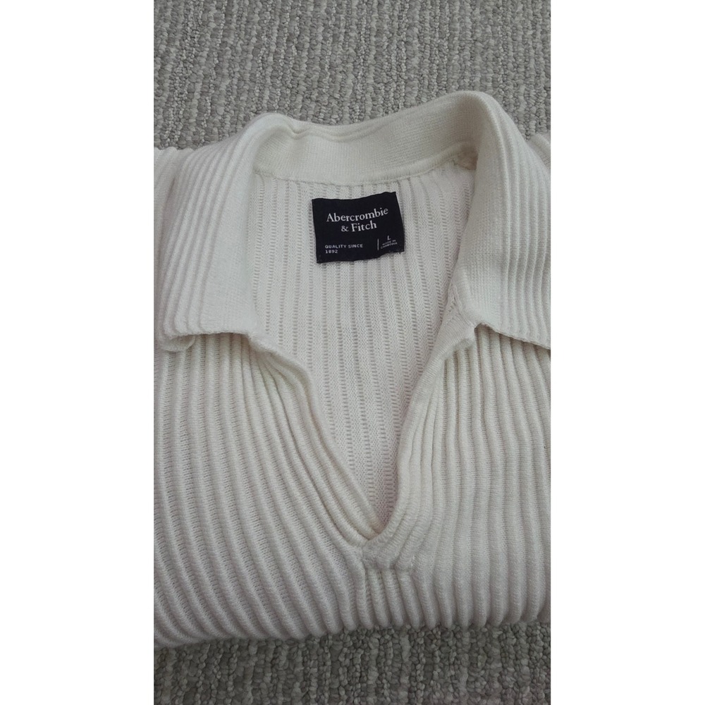 Abercrombie & Fitch Mens Ribbed Knit Short Sleeve Sweater Polo Cream Large
